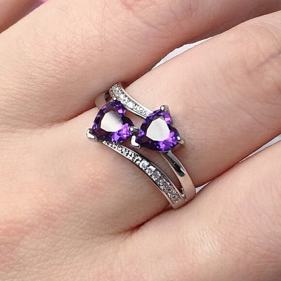 🔥925 Silver Plated Purple Double Heart-Shaped CZ Ring, MLNN1215 - Picture 1 of 2